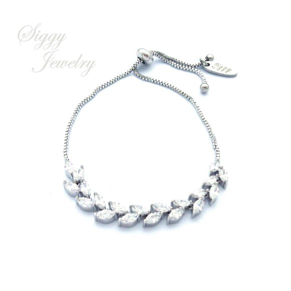 Delicate CZ Leaf Bridal Bolo Adjustable Bracelet - Picture 5 of 8